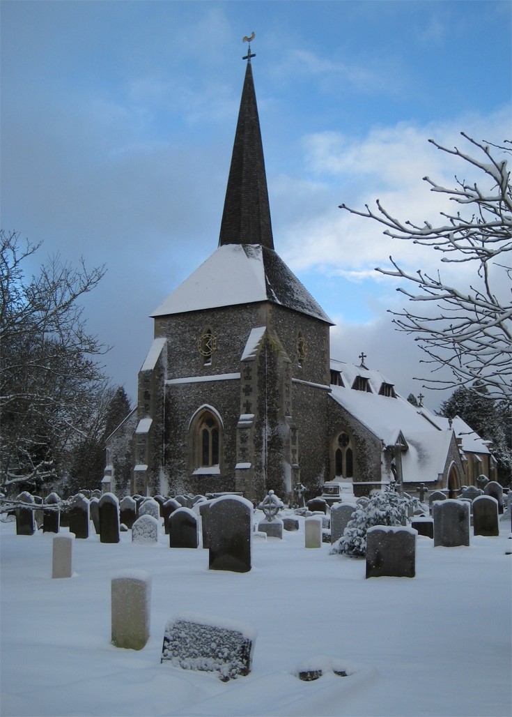 Banstead All Saints Church after snowfall 